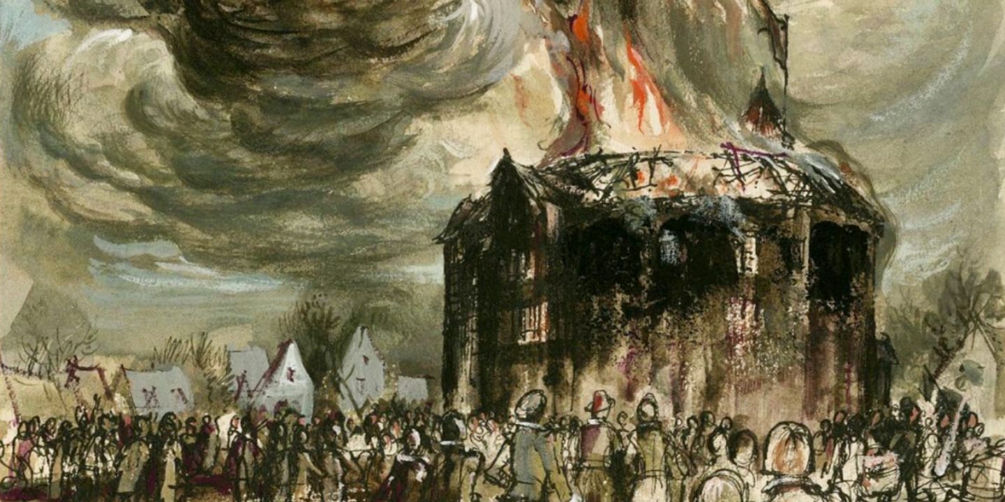 Театр после пожара. Театр Шекспира Глобус пожар. Пожар в театре Глобус 1613 год. Театр Глобус Шекспира. Театр Глобус в Лондоне 1613.